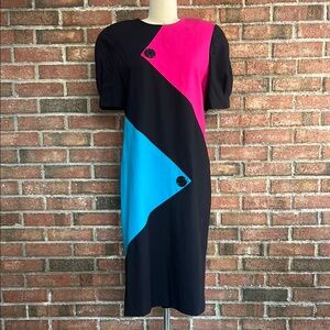 Vintage Colorblock Dress in Black, Pink, and Blue. Size 12